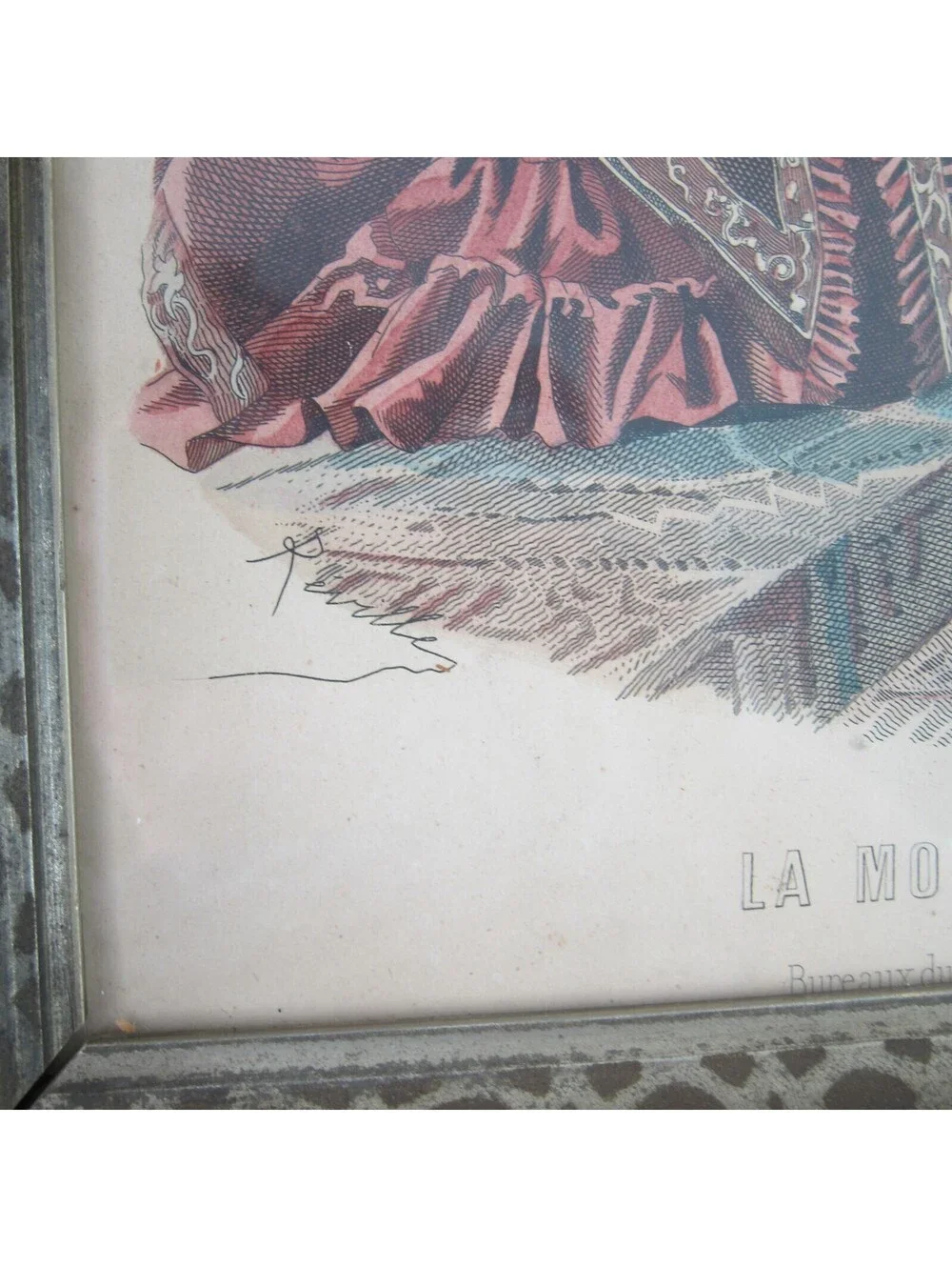 Antique Victorian Deep Picture Frame Wood Gilt La Mode Paris Print in Glass 16